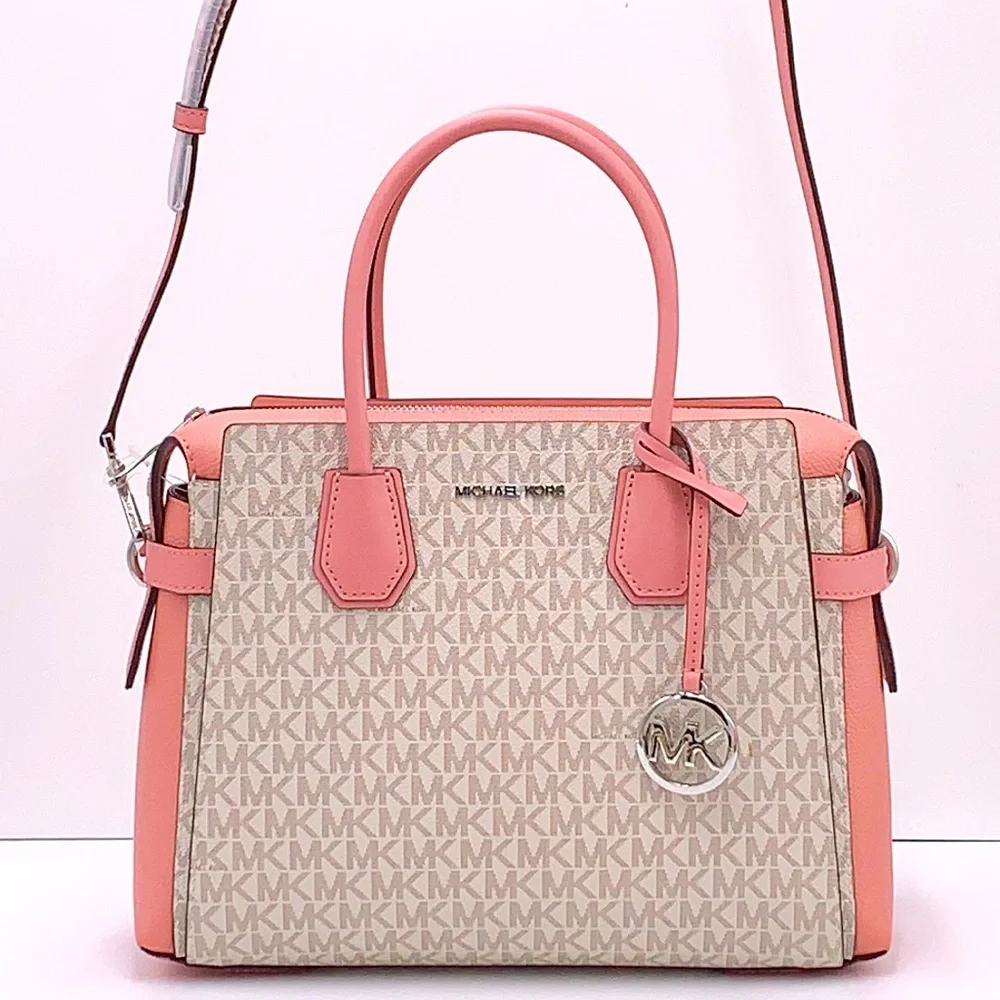 MICHAEL KORS MERCER MEDIUM TOP ZIP BELTED SATCHEL PRIMROSE MULTI SIGNATURE